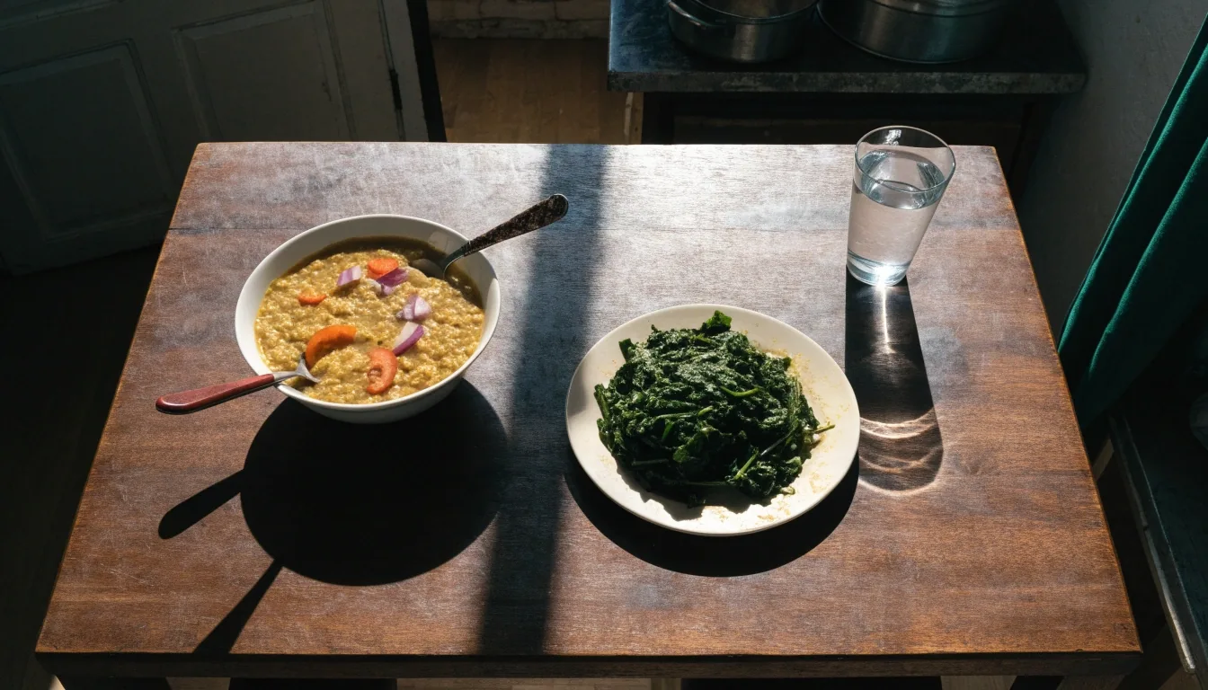 An overhead view of a shared household meal on a plain wooden table in hard noon light