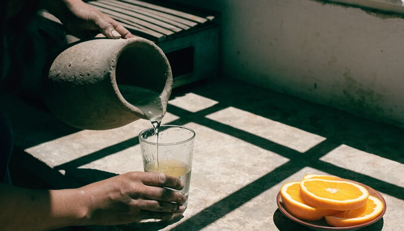 A woman resting on a kitchen chair in a sunlit Botswana home at midday, a glass of water behind her