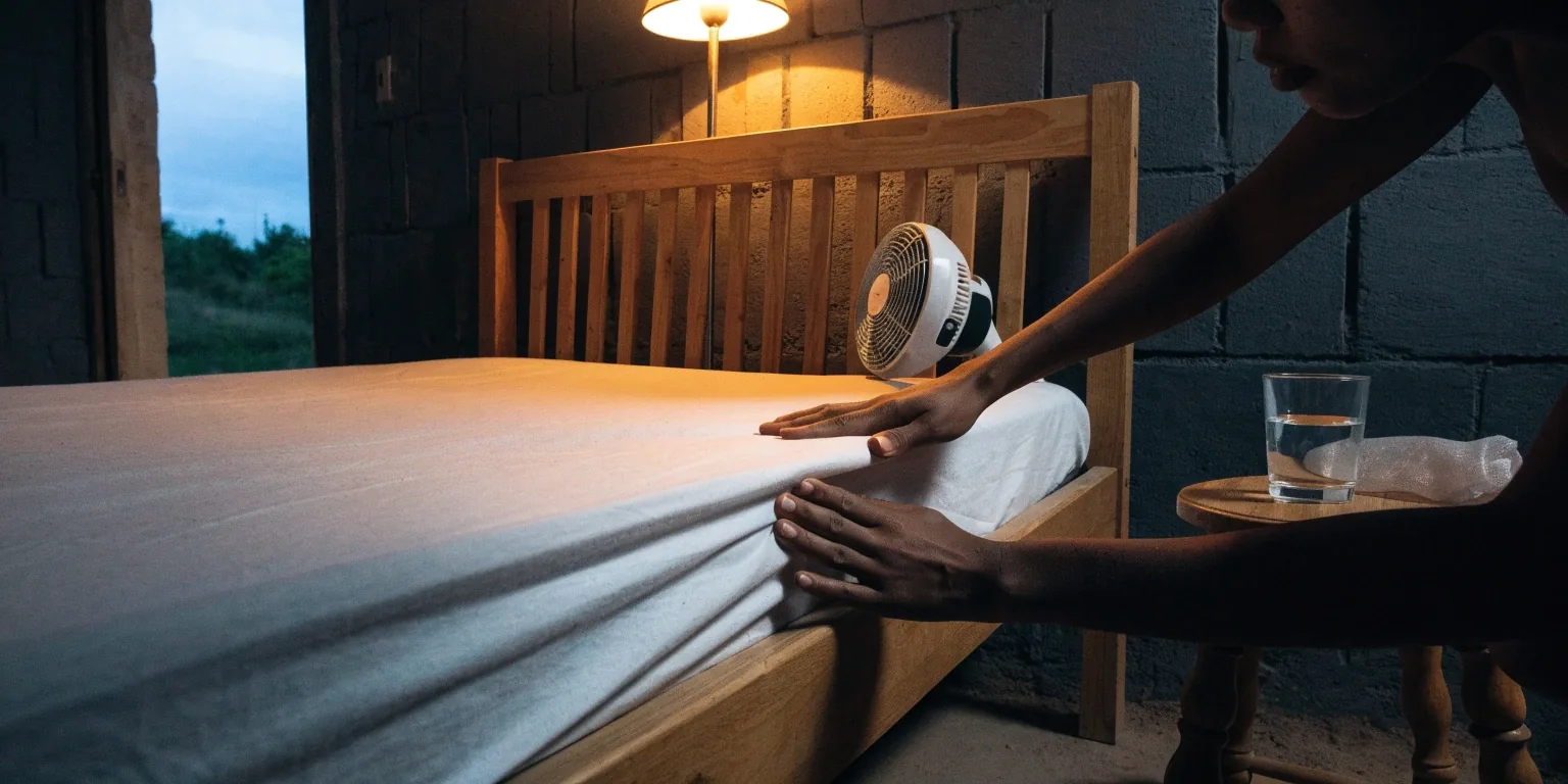 A dim evening bedroom corner with a small rechargeable lamp, a glass of water and folded light bedding beside the bed