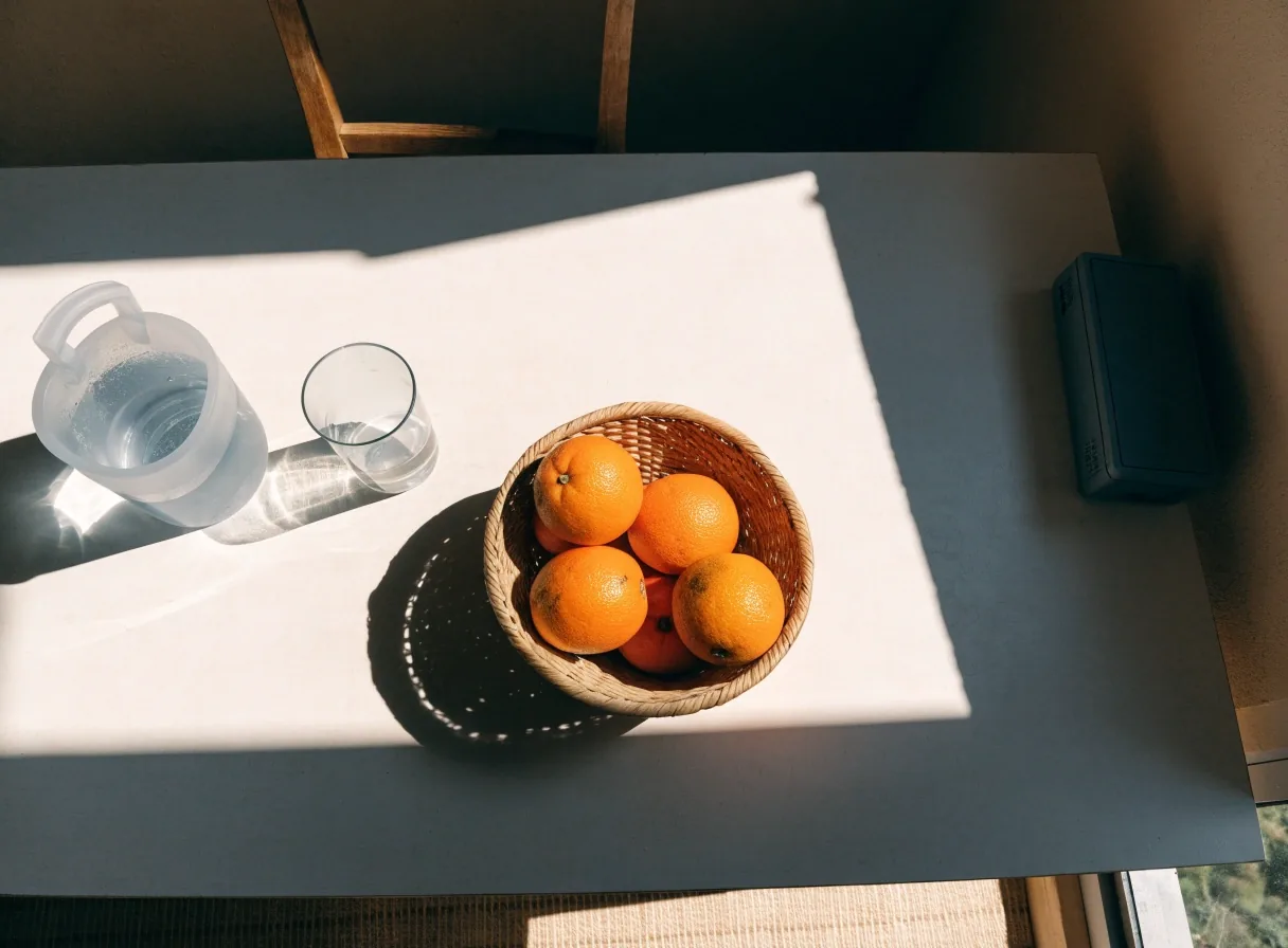 A quiet office desk with a bowl of fruit and a glass of water beside unlit network equipment, L-shaped shadow from the window